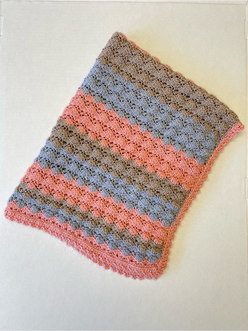 Handmade Crochet Knit Baby Blanket Stripes Pink Brown Grey-Blue 29x38